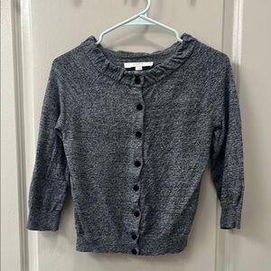 LOFT Gray Cardigan with Ruffled Neckline and black felt buttons